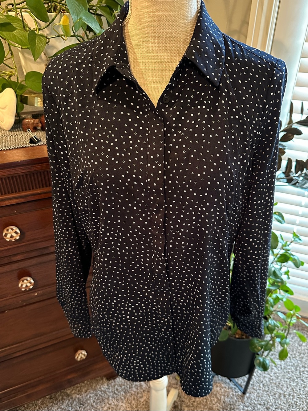 Talbots Navy and White Polka Dot Button-Up Blouse